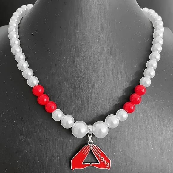 Delta Sigma Theta Necklace Red and White Pearls with Logo - Picture 2 of 3
